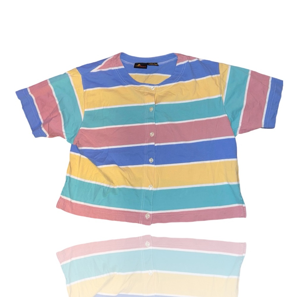 Vintage Liz Sport 80’s Pastel Cropped Button Up: Casual Striped Shirt: Medium